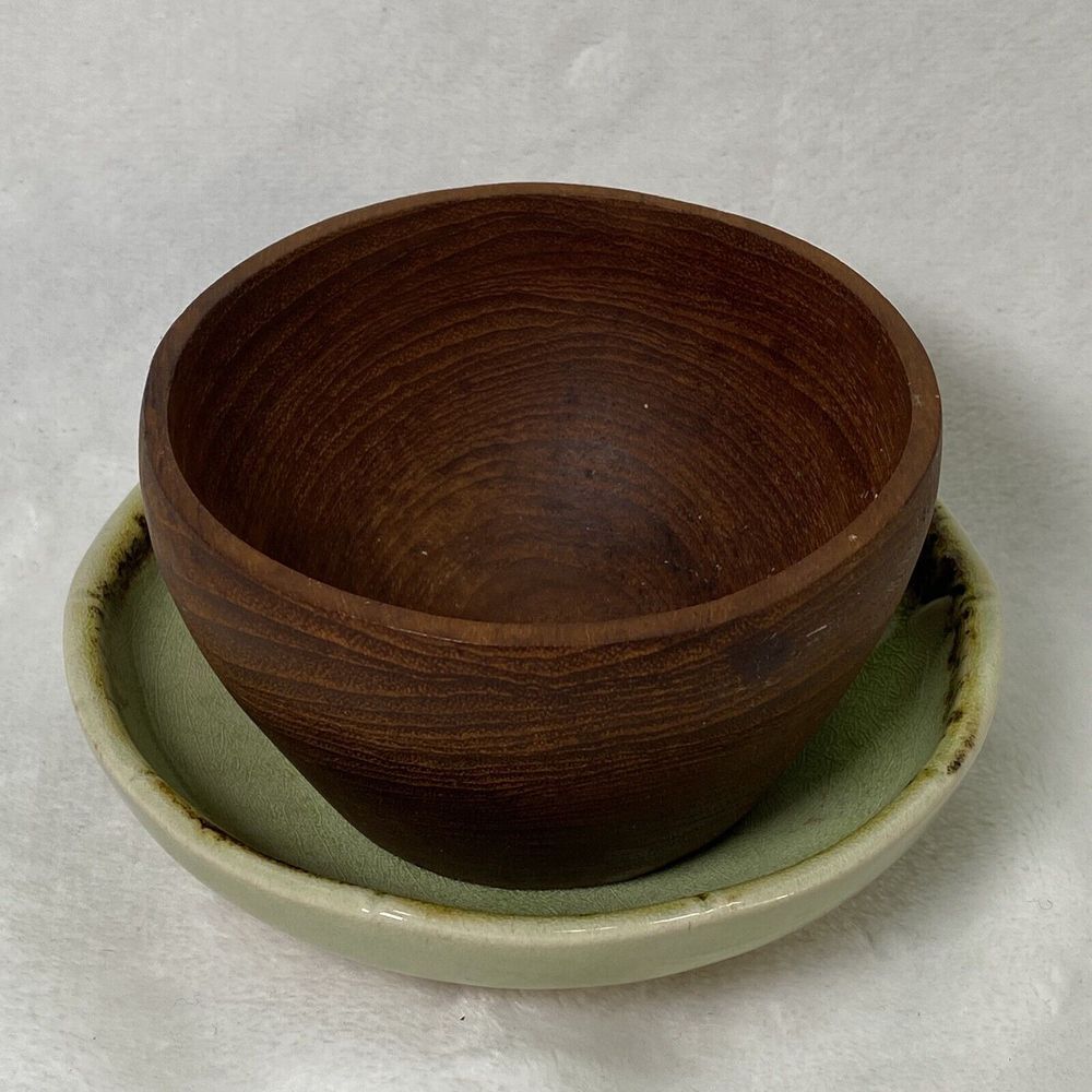 Vintage Mid Century B&B Carved Teak Wood Bowl Thailand 4" & 5" ceramic leaf bowl